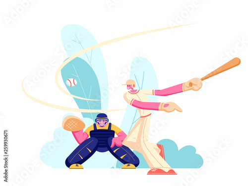 Young Men Athlete Characters in Uniform Playing Baseball at Championship Competition. Batter Hitter Hitting Ball and Catcher Prepare to Get it. Sport Players in Action Cartoon Flat Vector Illustration