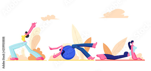 Workout Girl Set. Young Athletic Women Wearing Sport Clothing Doing Gymnastic, Fitness with Fitball and Yoga Exercises Outdoors. People Healthy Lifestyle Activity. Cartoon Flat Vector Illustration