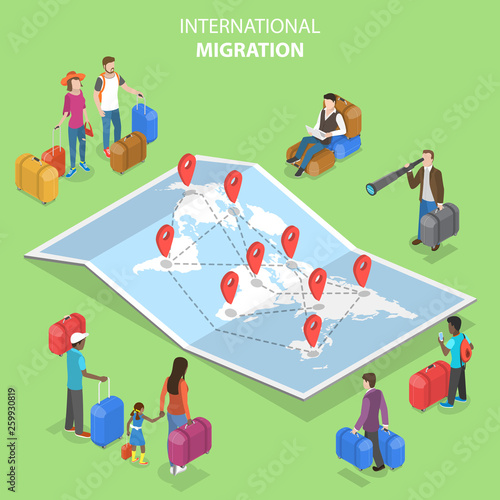 Isometric flat vector concept of international migration, immigration, refugee crisis.