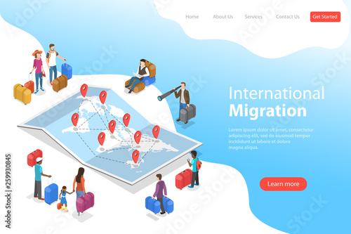 Isometric flat vector landing page template of international migration, immigration, refugee crisis.