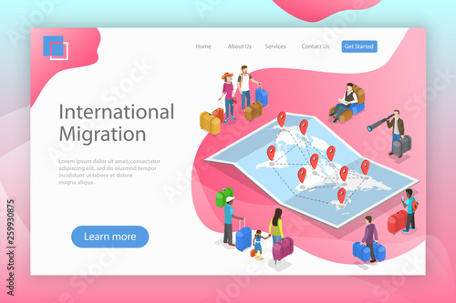 Isometric flat vector landing page template of international migration, immigration, refugee crisis.