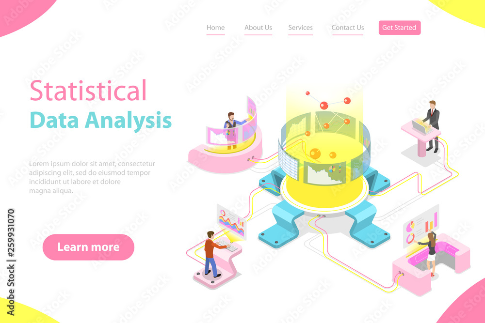 Naklejka Flat isometric vector landing page template of statictical data analysis and analytics, audit report, company performance analysis.