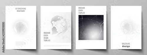 Vector layout of A4 format cover mockups design templates for brochure, flyer, booklet. Futuristic design with world globe, connecting lines and dots. Global network connections, technology concept.