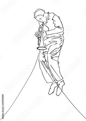 Saxophonist. Silhouette of musician with sax. Black drawing contour. Hand drawn jazz illustration. Vector sketch.