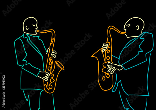 Silhouettes of two saxophonists. Neon colors contour on black background. Musician plays the saxophone. Jazz vector illustration. Simple outlines.