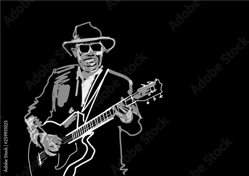 Guitar player with hat and glasses. Guitarist performs on stage. Musical black and white vector illustration.