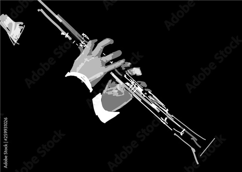 Flute. Musical instrument in the hands close up. Black and white vector illustration.
