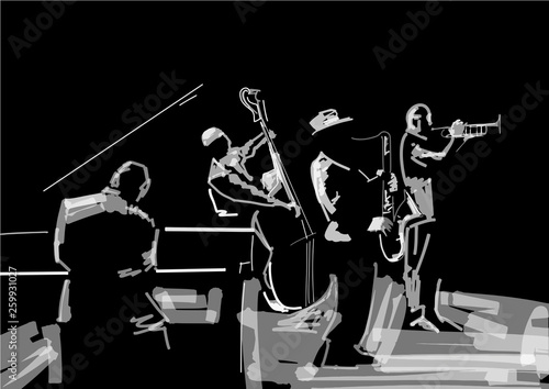 Jazz band. Black and white musical illustration. Trombonist, saxophone player, pianist, contrabass player. Musical instruments: trombone, sax, grand piano, bass. Performance on stage.