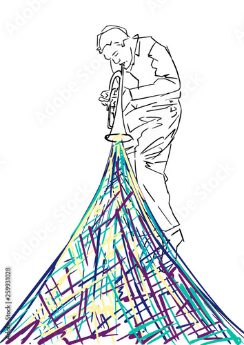 Energy of saxophone. Silhouette of musician with sax. Colorful musical illustration. Hand drawn jazz sketch. Vector design element.