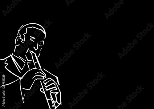 Flutist. Jazz musician. White contour on black background. Simple drawing. Musical illustration. Design element.