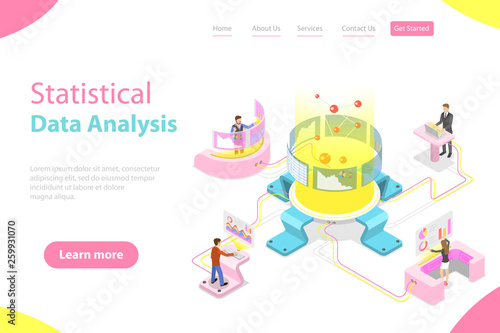 Flat isometric vector landing page template of statictical data analysis and analytics, audit report, company performance analysis.