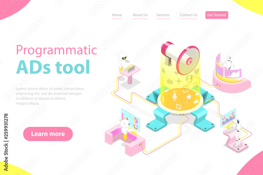 Fototapeta premium Flat isometric vector landing page template of programmatic advertising, social media campaign, automated digital marketing.