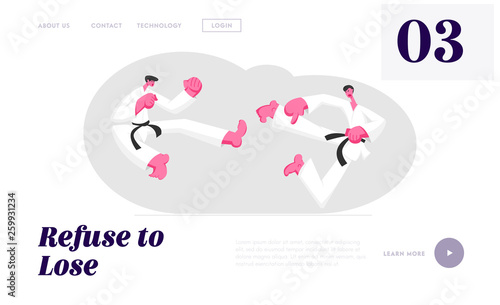 Sportsmen Characters in Kimono and Black Belts Fighting and Practicing Combat Competition, Karate Air Kick, Sports Lifestyle Website Landing Page, Web Page. Cartoon Flat Vector Illustration, Banner