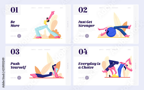 Set of Website Landing Page and Web Page Templates, Male and Female Characters Fitness Workout and Healthy Lifestyle, Sportswomen and Couple Engage Aerobics, Cartoon Flat Vector Illustration, Banner