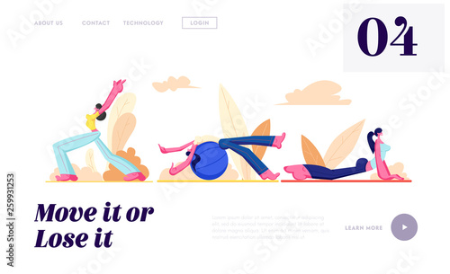 Set of Female Characters Training Openair. Girl Stand with Hands Up, Fitball Workout, Yoga Dog Asana, Healthy Sporty Lifestyle, Website Landing Page, Web Page. Cartoon Flat Vector Illustration, Banner