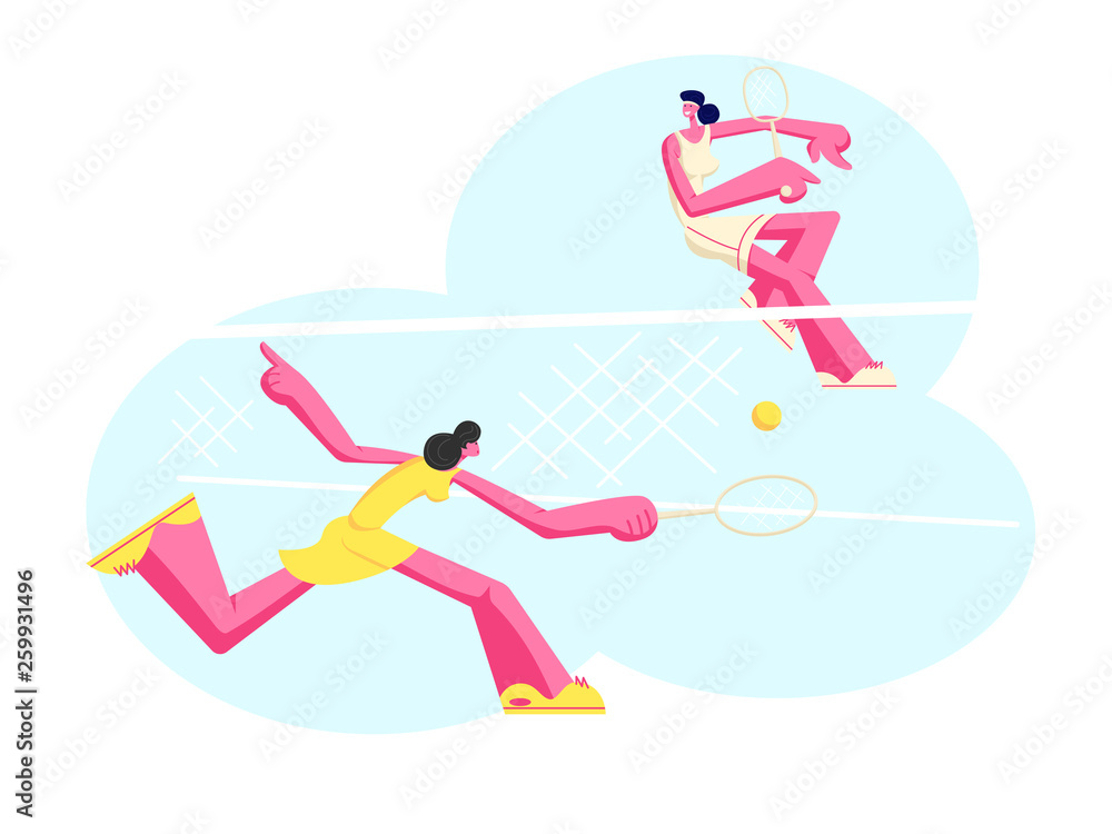 Young Girls in Sportswear Play Big Tennis on Court Young Girls in Sportswear Play Big Tennis on Court