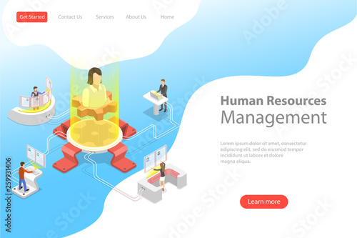 Isometric flat vector landing page template of employee search service, headhunting, recruitment, HR manager review.