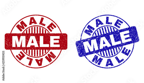 Grunge MALE round stamp seals isolated on a white background. Round seals with grunge texture in red and blue colors. Vector rubber imprint of MALE text inside circle form with stripes.