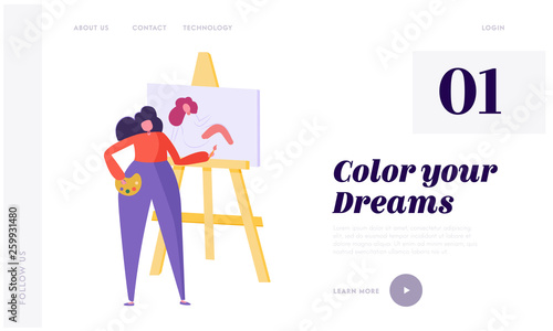 Woman Artist Character Drawing on Canvas Holding Palette in Hands. Lifestyle Activity, Painting Hobby Website or Web Page Background, Creativity Concept Landing Page. Cartoon Flat Vector Illustration