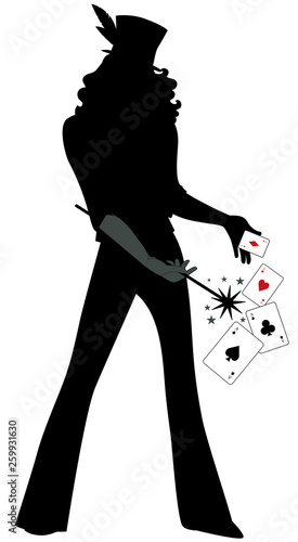 Silhouette of magician wearing top hat, holding a magic wand doing magic with playing cards, isolated on white background