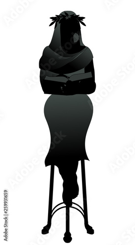 Silhouette of priestess with a laurel wreath reading a book sitting on a tripod, like a Greek pythia, isolated o white background