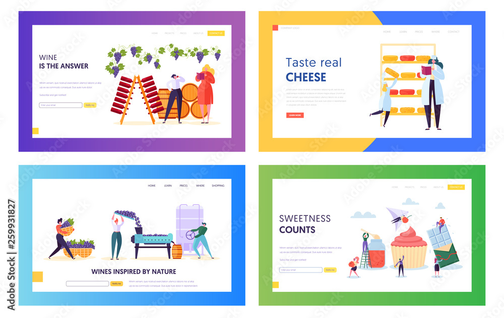 Set of Delicious Food and Drink Producing Landing Page Templates. People Characters in Confection, Winemaking and Cheesmaking Manufacturing, High Quality Production. Cartoon Flat Vector Illustration
