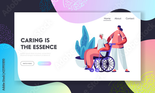 Young Nurse or Social Worker Care of Sick Senior Woman on Wheelchair, Help Old Disabled People in Nursing Home, Healthcare. Website Landing Page, Web Page. Cartoon Flat Vector Illustration, Banner