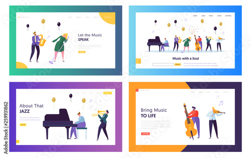 Group of Young People Performing Concert on Stage with Musical Instruments. Artists Playing and Singing to Microphone. Landing Page Templates Set, Show in Music Hall. Cartoon Flat Vector Illustration © Sergii Pavlovskyi