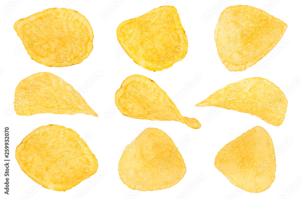 Potato chips isolated on a white background. Collection Potato chips isolated on a white background. Collection