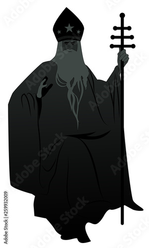 Silhouette of pope with beard and miter with stars, holding a crosier, blessing with his right hand, isolated on white background