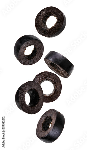 Falling black olives set isolated on white background