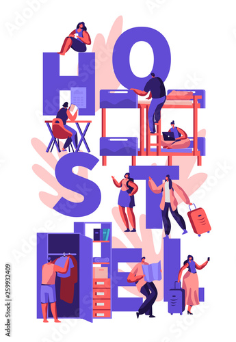 Students or Travelers Characters Hostel Accommodation Concept. Tourists People Characters Move into Cheap Motel to Stay at Night, Poster, Banner, Flyer, Brochure. Cartoon Flat Vector Illustration