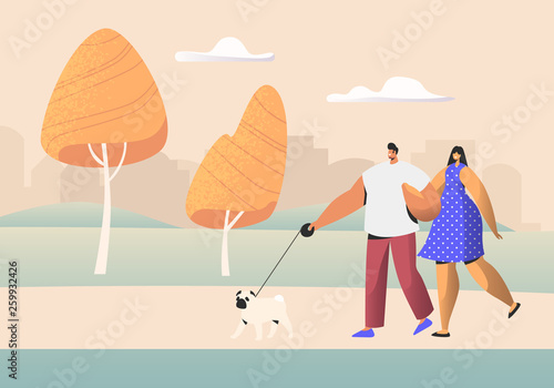 Family Couple of Young People Characters Walking with Pet in Public City Park at Summer Time. Man and Woman Walk with Dog Outdoors, Spouse Relaxing Promenade in Park. Cartoon Flat Vector Illustration
