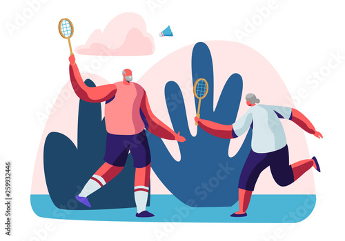 Couple of Cheerful Male Pensioners in Sports Wear Playing Badminton Outdoors. Senior People Healthy Lifestyle and Sport Life. Elderly Men Spend Time Together in Park. Cartoon Flat Vector Illustration