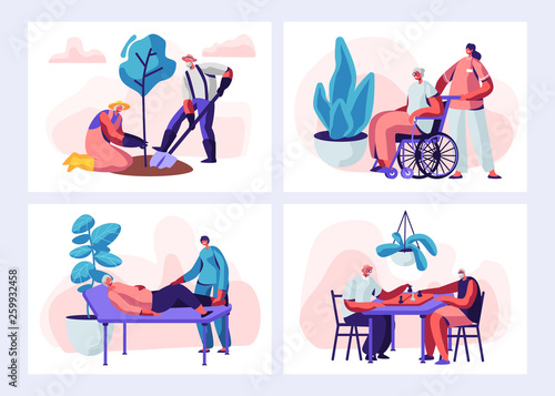Set of Senior People Activity and Lifestyle. Aged Characters Gardening Hobby, Old Woman on Medical Procedure, Men Playing Chess. Retired Pensioner in Nurse Home. Cartoon Flat Vector Illustration