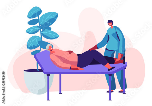 Physical Therapy Service in Nursing Home. Old Woman Lying on Couch and Young Nurse or Doctor Checking Up her Knees Procedure, Healthcare of Disable Senior People, Cartoon Flat Vector Illustration