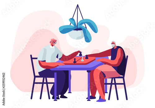 Relaxing Senior Men Playing Chess in Nursing Home. Couple of Cheerful Pensioners Spending Time Together at Intellectual Game, Retired People Leisure and Sparetime. Cartoon Flat Vector Illustration