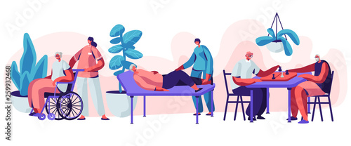 Help Old Disabled People in Nursing Home. Social Worker Community Care of Sick Seniors on Wheelchair, Skilled Nurse Residential Healthcare, Physical Therapy Service. Cartoon Flat Vector Illustration
