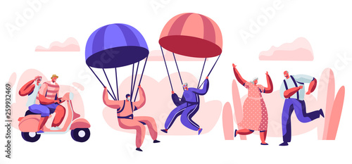 Elderly People Active Lifestyle. Happy Aged Pensioner Characters Doing Extreme Sport, Skydiving with Parachute, Riding Motorbike, Dancing. Old Men and Women Relations. Cartoon Flat Vector Illustration