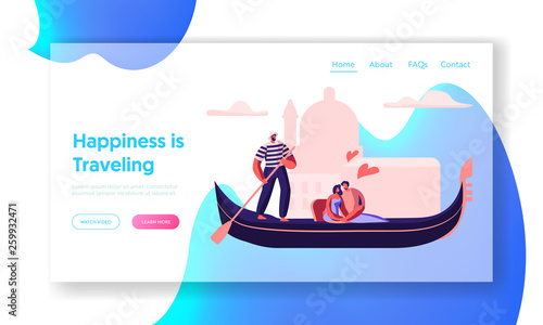 Happy Loving Couple Hugging in Gondola with Gondolier Floating along Canal. Love in Venice. Man and Woman Traveling to Italy. Website Landing Page, Web Page. Cartoon Flat Vector Illustration, Banner