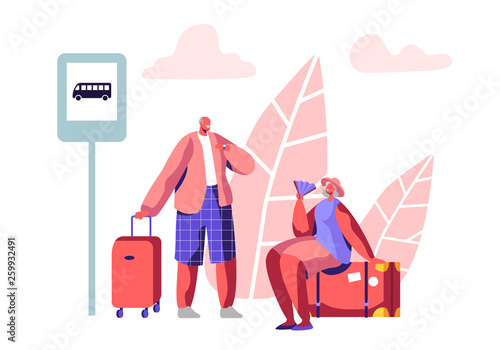 Mature Tourist Characters Stand on Bus Station Waiting Transport. Aged Man Hold Suitcase, Elderly Woman Sit on Luggage with Fan. Pensioners Traveling at Summer Time. Cartoon Flat Vector Illustration