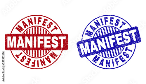 Grunge MANIFEST round stamp seals isolated on a white background. Round seals with grunge texture in red and blue colors. Vector rubber watermark of MANIFEST text inside circle form with stripes.