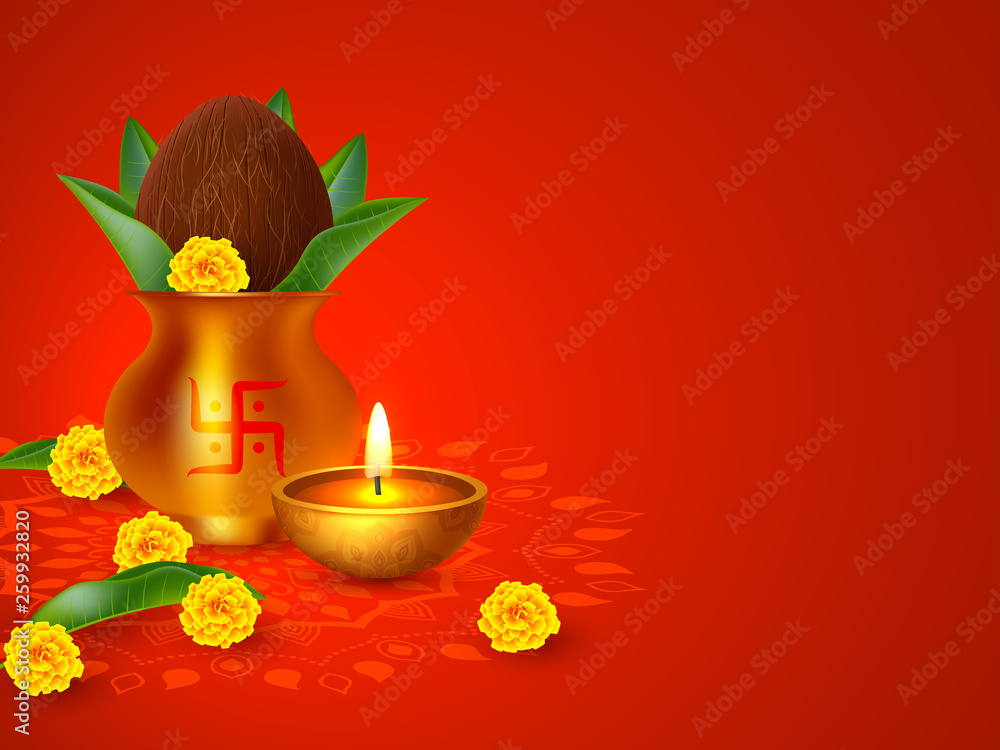 Indian holiday background. Kalash with coconut, flowers and mango ...
