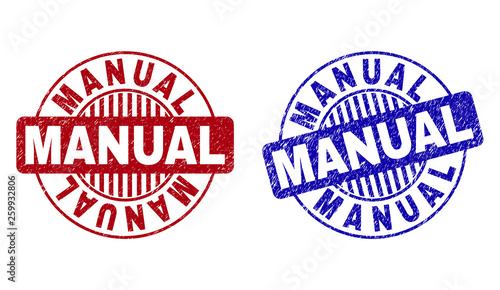 Grunge MANUAL round stamp seals isolated on a white background. Round seals with grunge texture in red and blue colors. Vector rubber imprint of MANUAL label inside circle form with stripes.
