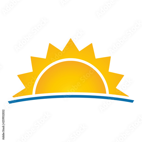 Sun with Rays with horizont line, vector. Ocean line, sun with rays, tourist vacation in summer.