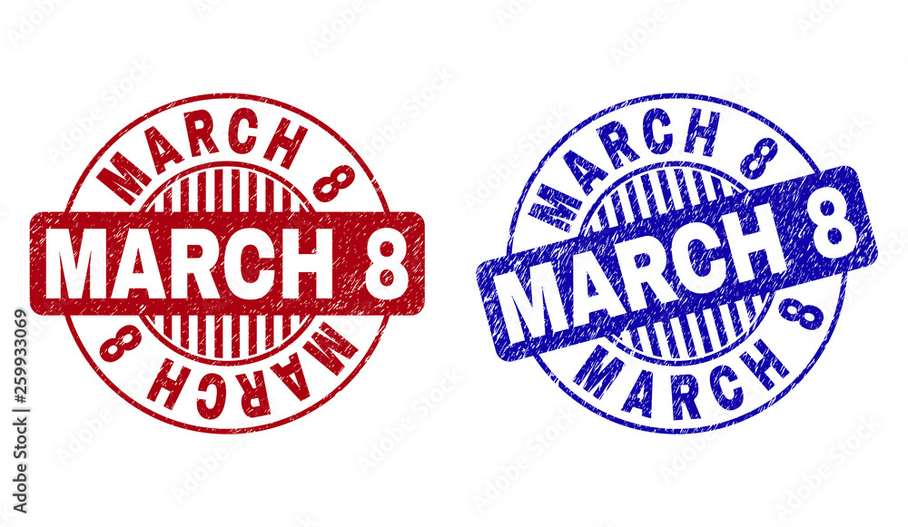 Grunge MARCH 8 round stamp seals isolated on a white background. Round seals with grunge texture in red and blue colors. Vector rubber overlay of MARCH 8 caption inside circle form with stripes. Grunge MARCH 8 round stamp seals isolated on a white background. Round seals with grunge texture in red and blue colors. Vector rubber overlay of MARCH 8 caption inside circle form with stripes.
