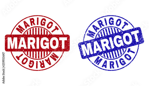 Grunge MARIGOT round stamp seals isolated on a white background. Round seals with grunge texture in red and blue colors. Vector rubber imprint of MARIGOT text inside circle form with stripes.