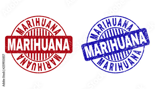 Grunge MARIHUANA round stamp seals isolated on a white background. Round seals with grunge texture in red and blue colors. Vector rubber imprint of MARIHUANA label inside circle form with stripes.