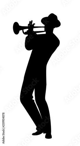 Silhouette of man wearing hat playing trumpet, isolated on white background