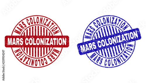 Grunge MARS COLONIZATION round stamp seals isolated on a white background. Round seals with grunge texture in red and blue colors.